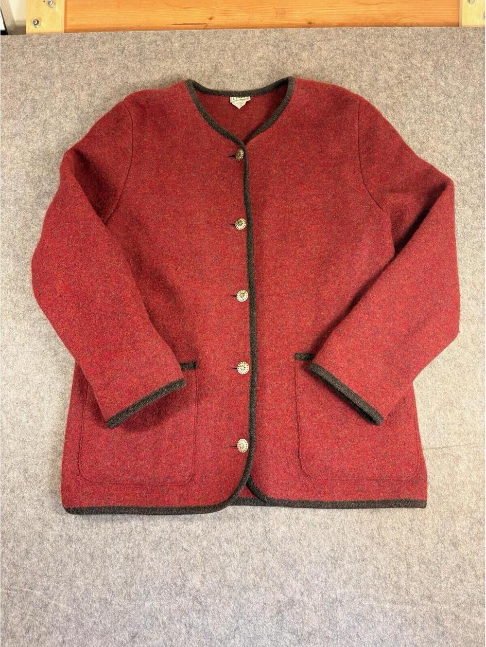 Vintage LL Bean 100% Pure Wool Cardigan Coat Jacket Womens Medium Red Austria